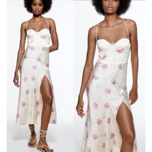 Zara Dress Midi Womens Small Satin Sweetheart Bustier Floral Satin White Pink